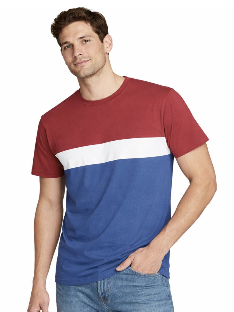 Men's Cut & Sew panel Tee Shirt - Red, White & Dusky Blue