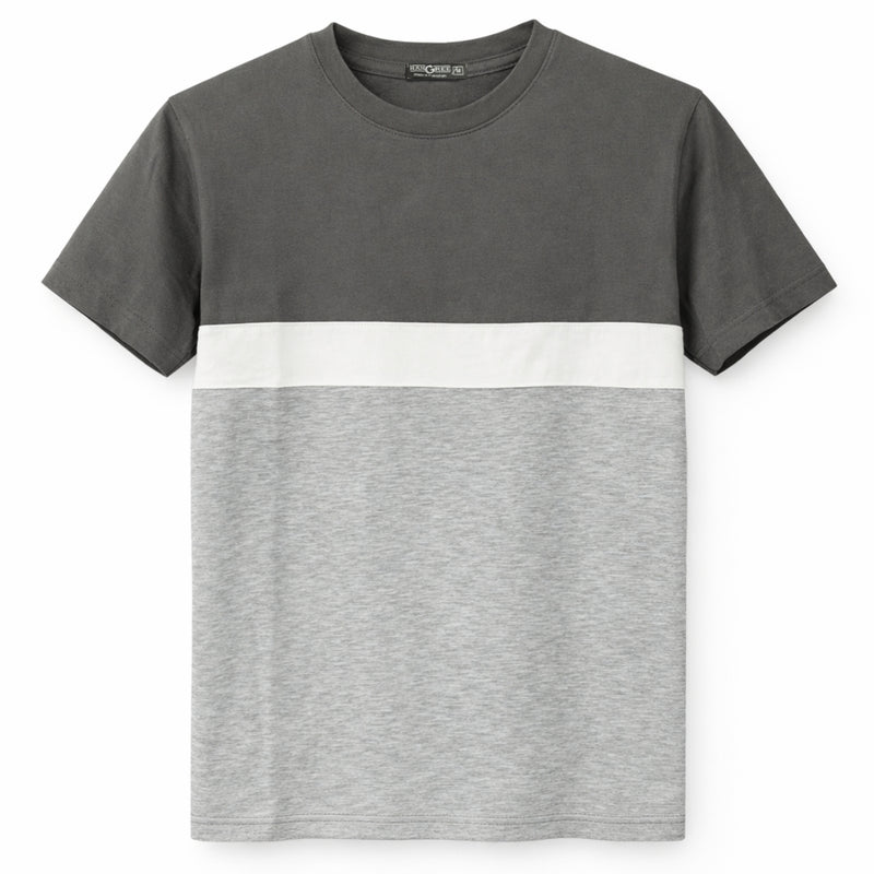 Men's Cut & Sew panel Tee Shirt - Dark Grey, White & Gray