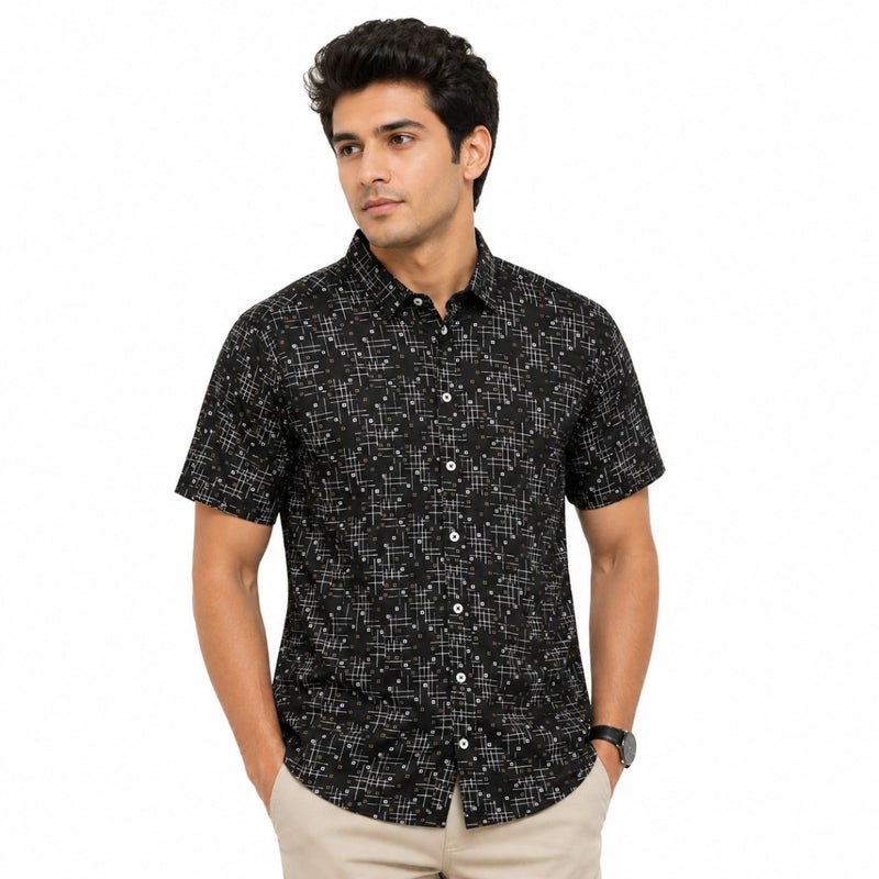 Men’s Geometric Pattern Half Sleeve Casual Shirt – Black