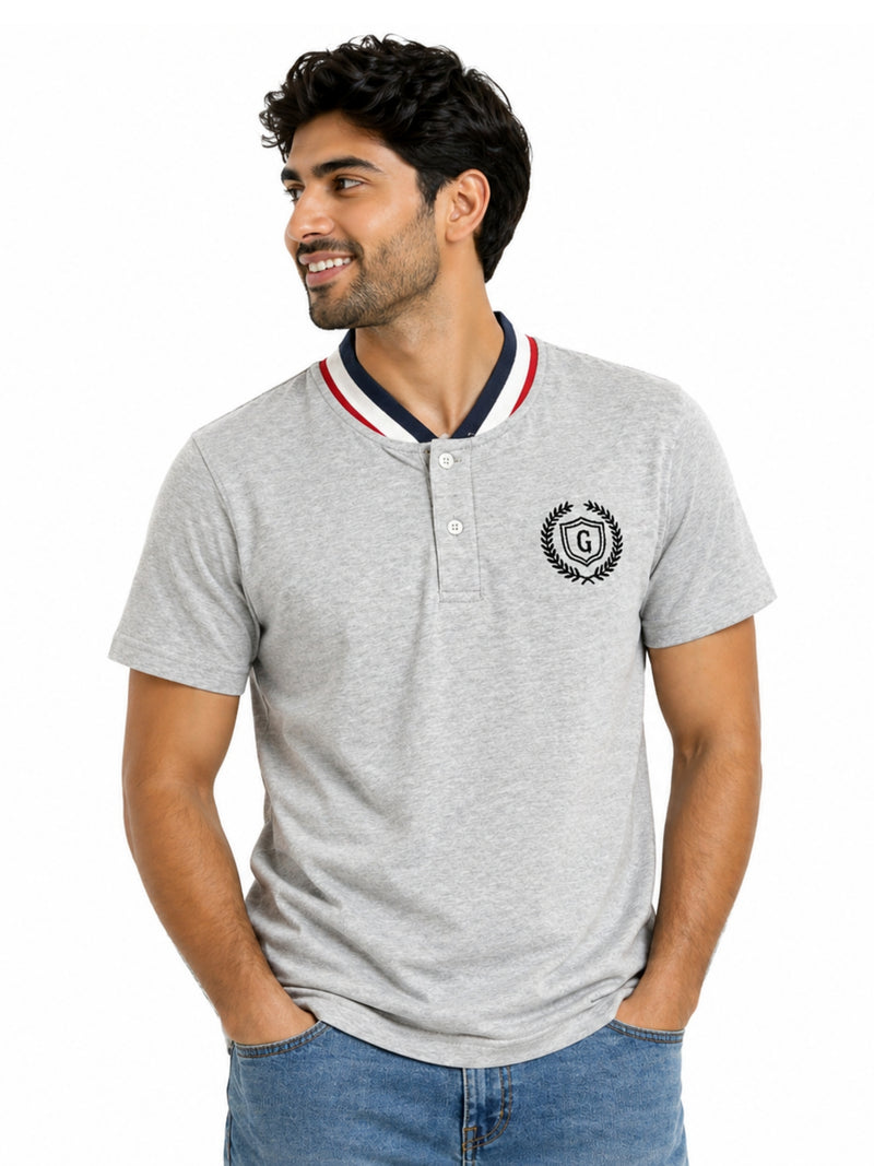 Men’s Signature Embroidered Contrast Neck Henley T-Shirt – Hyder Gray