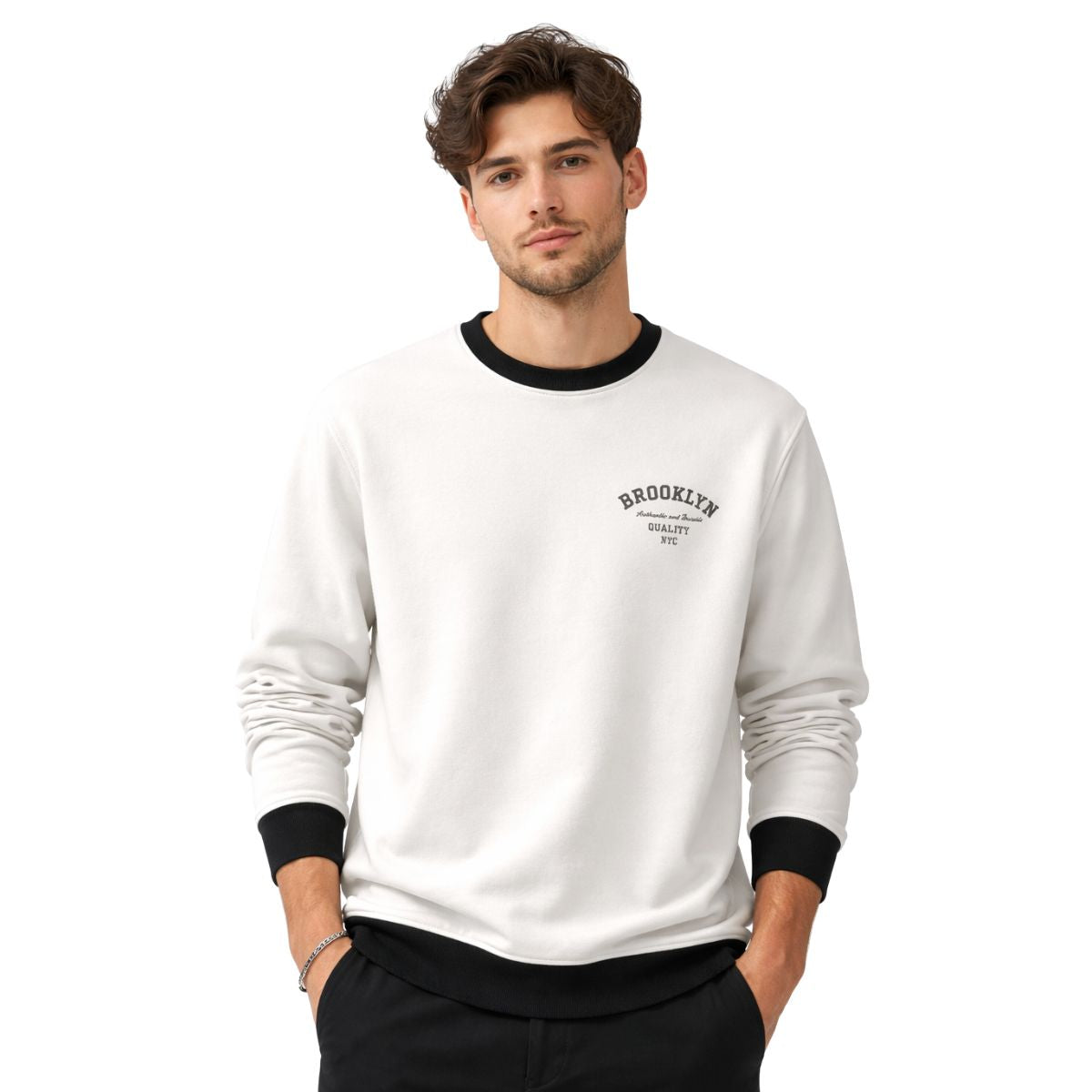 HG "BROOKLYN" Printed Plain Fleece Sweat Shirt - White