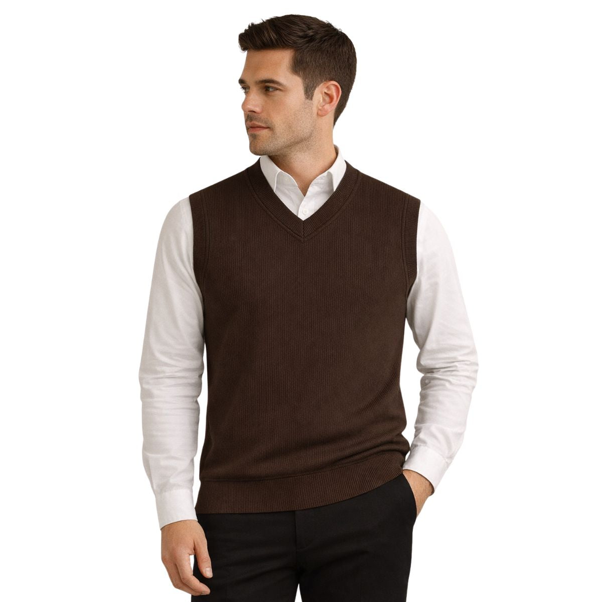 HG Men's Ribbed V-Neck Sleeveless Sweater - Choclate Brown