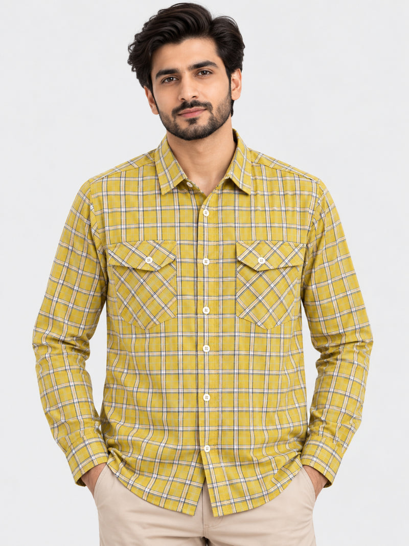 Men's Checkered Summers Casual Shirt - Leaf Yellow
