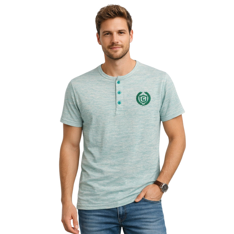HG Signature Embroidered Henley Tee - Melange Sea Green