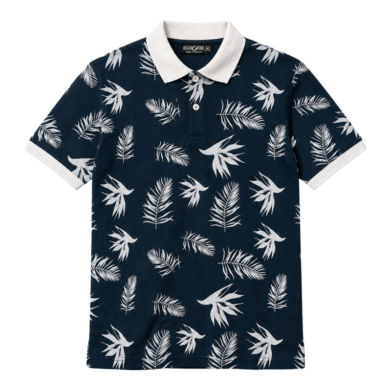Men's Tropical Leaf Print Piqué Cotton Polo Shirt - Black Navy