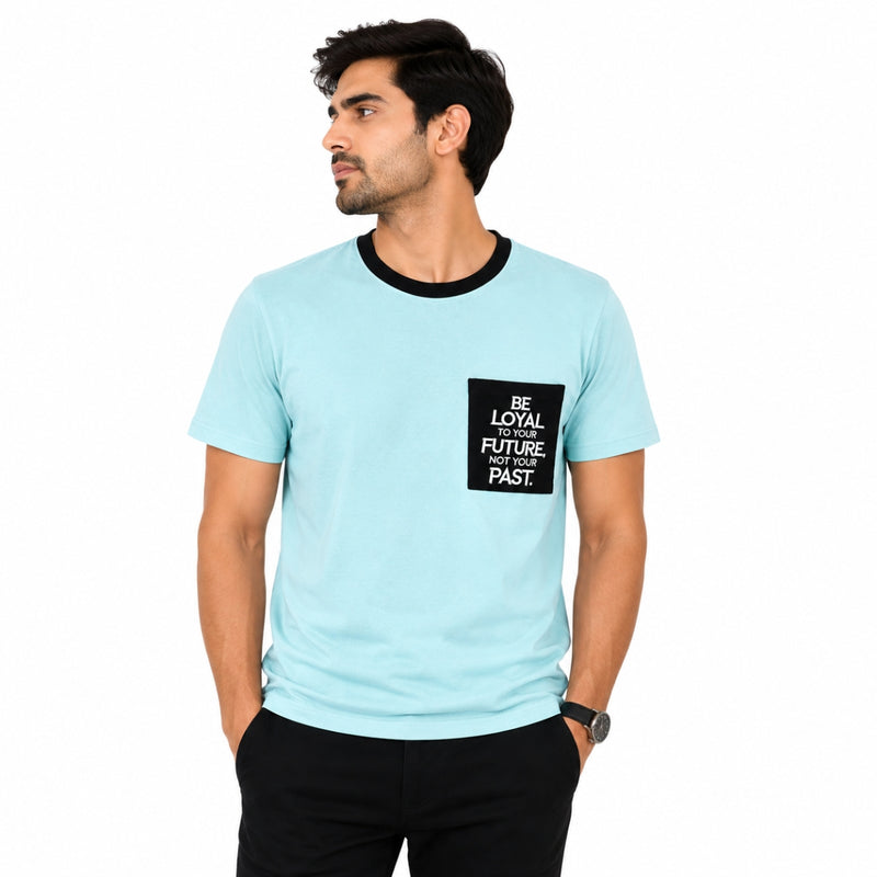 Men's Round Neck Contrast Printed Pocket Tee Shirt - Sky Blue
