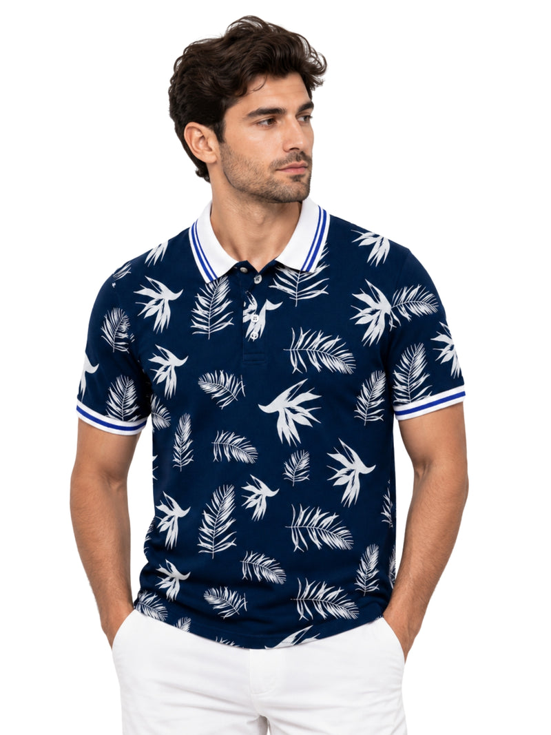 Men's Tropical Leaf Print Piqué Cotton Polo Shirt