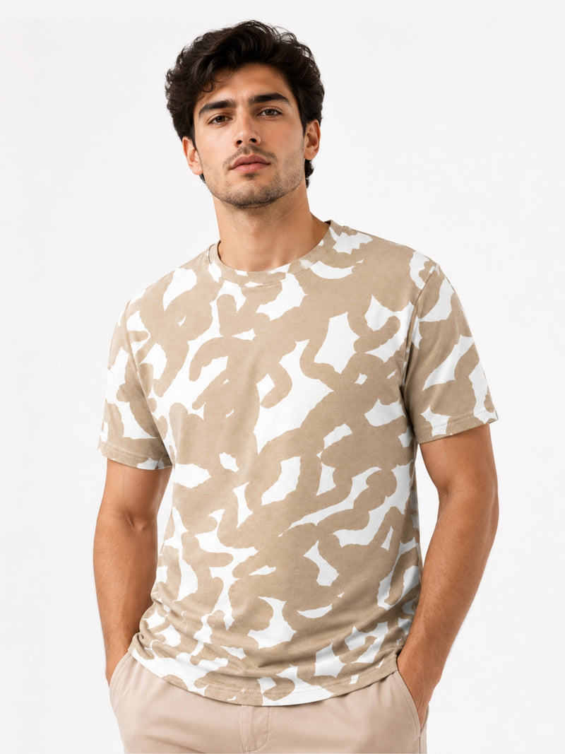 Men's Abstract Print Cotton Jersey T-Shirt - Sand & White