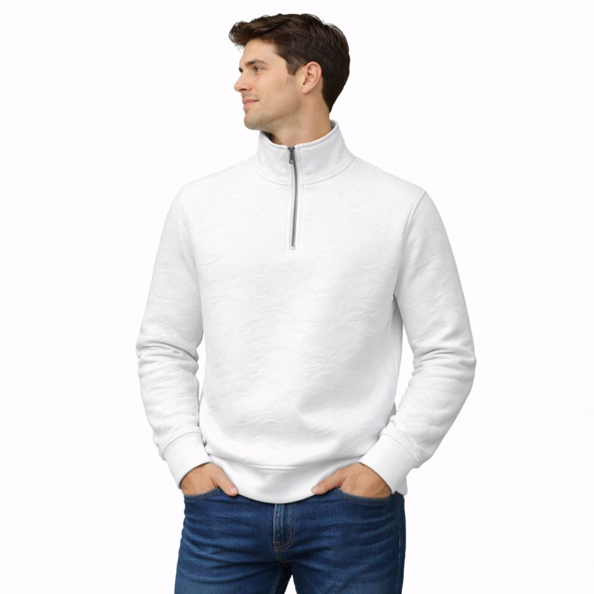HG Premium Quilted Mock Neck Half Zipper Sweat Shirt - Super White