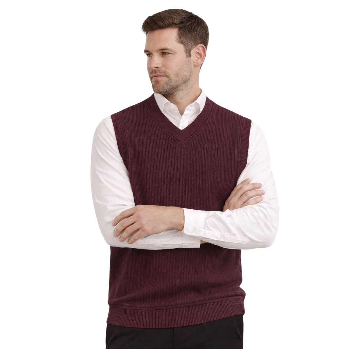 HG Men's Ribbed V-Neck Sleeveless Sweater - Dark Maroon