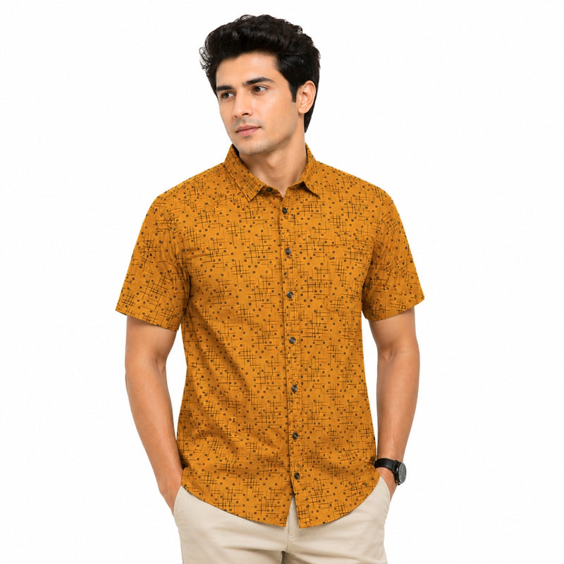 Men’s Geometric Pattern Half Sleeve Casual Shirt – Mustard