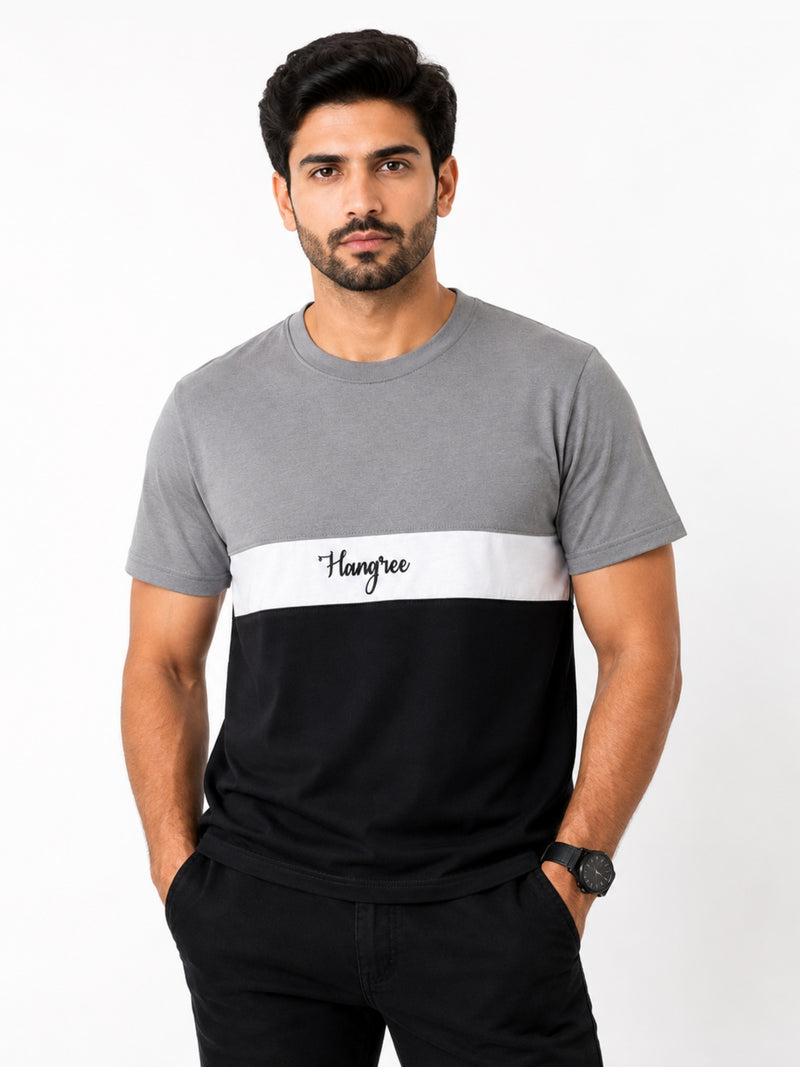 Men's Cut & Sew panel Tee Shirt - Gray, White & Black