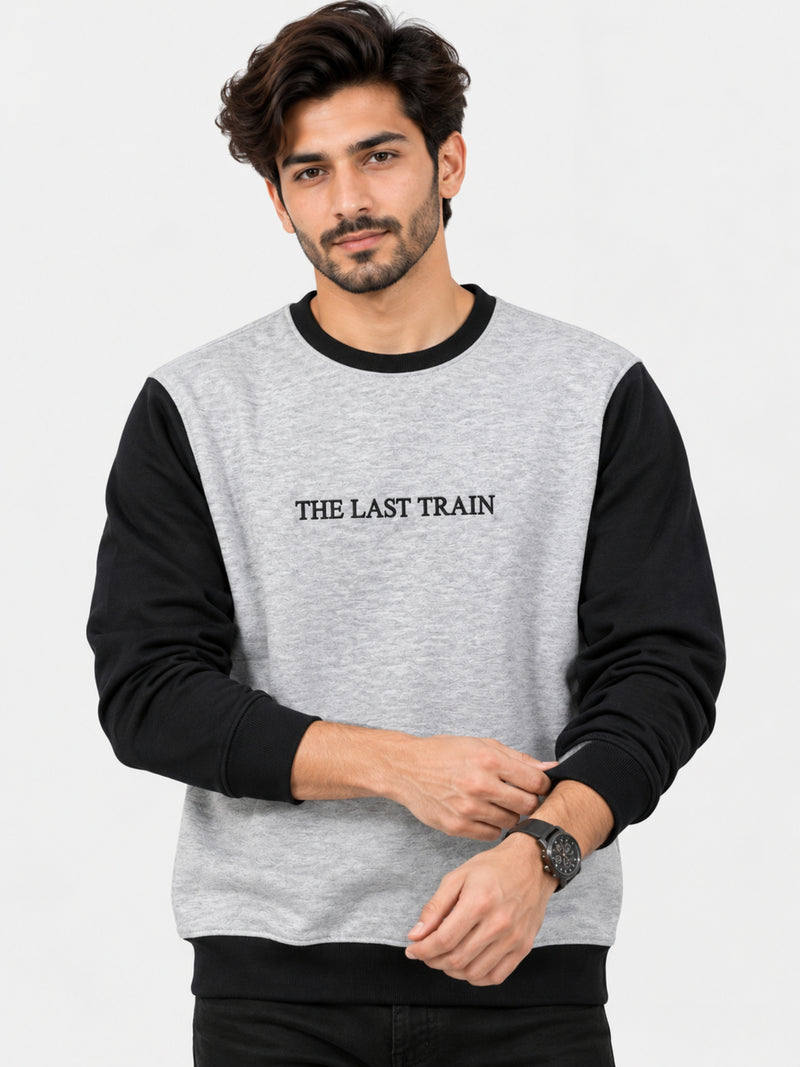 Contrast Sleeves "The Last Train" Emb, Sweat Shirt - Gray Black