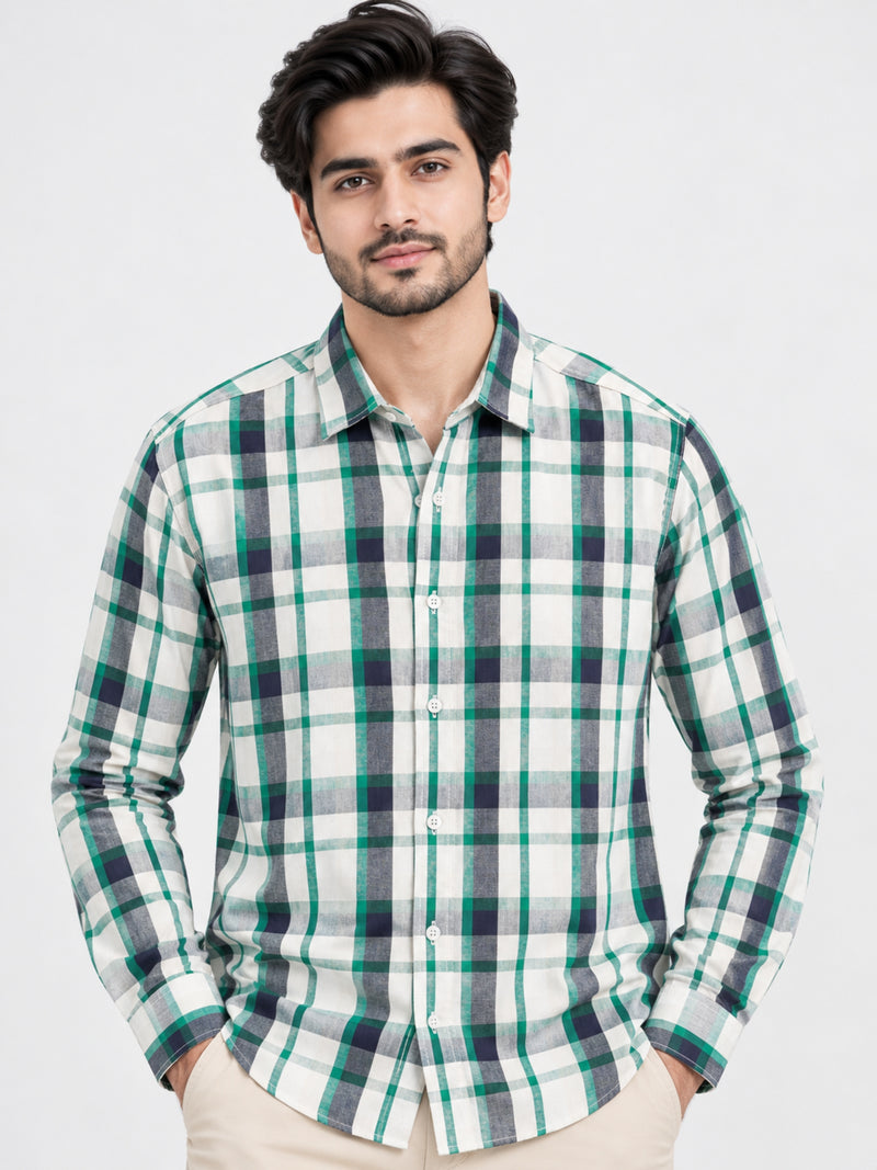 Men's Blue Green Large Check Casual Shirt