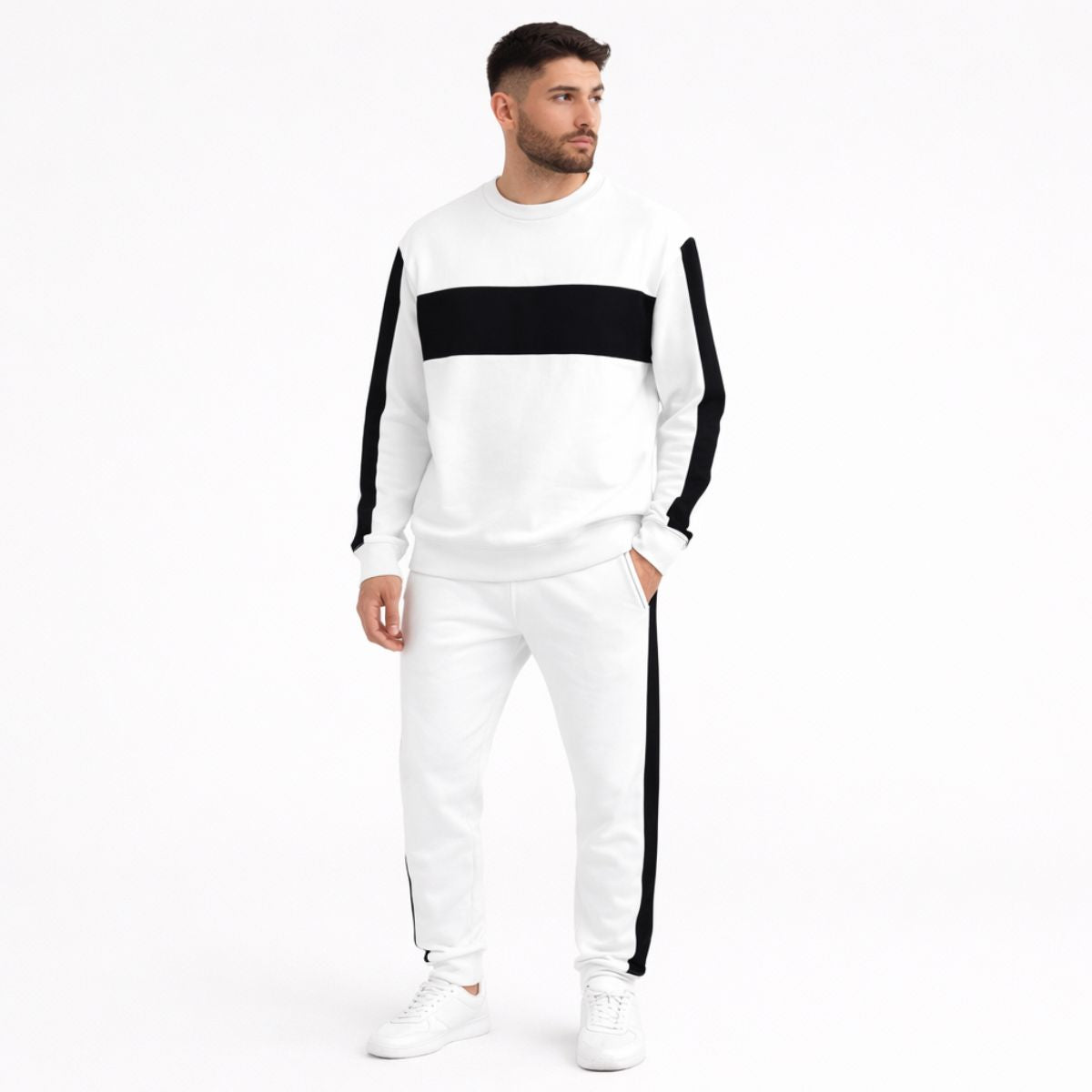 HG Men’s Contrast Panel Terry Tracksuit Crewneck Set - White Black