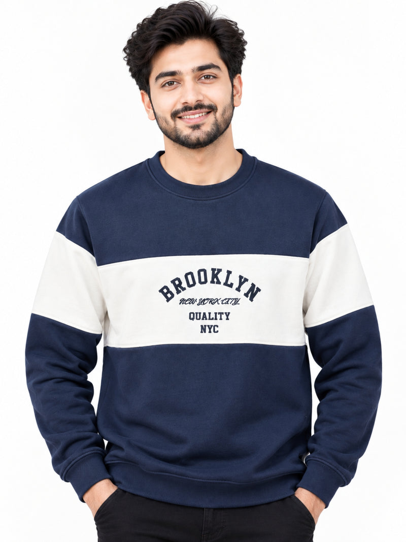 Cut & Sew "Brooklyn" Printed Panel Sweat Shirt - Navy