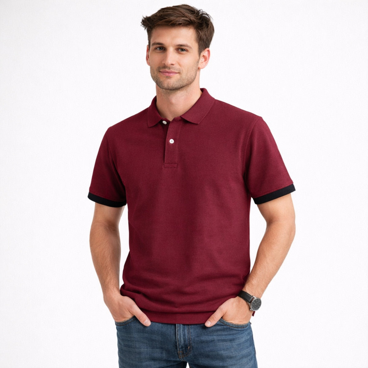 Men's Self Fabric Collar Classy Polo Shirt - Maroon