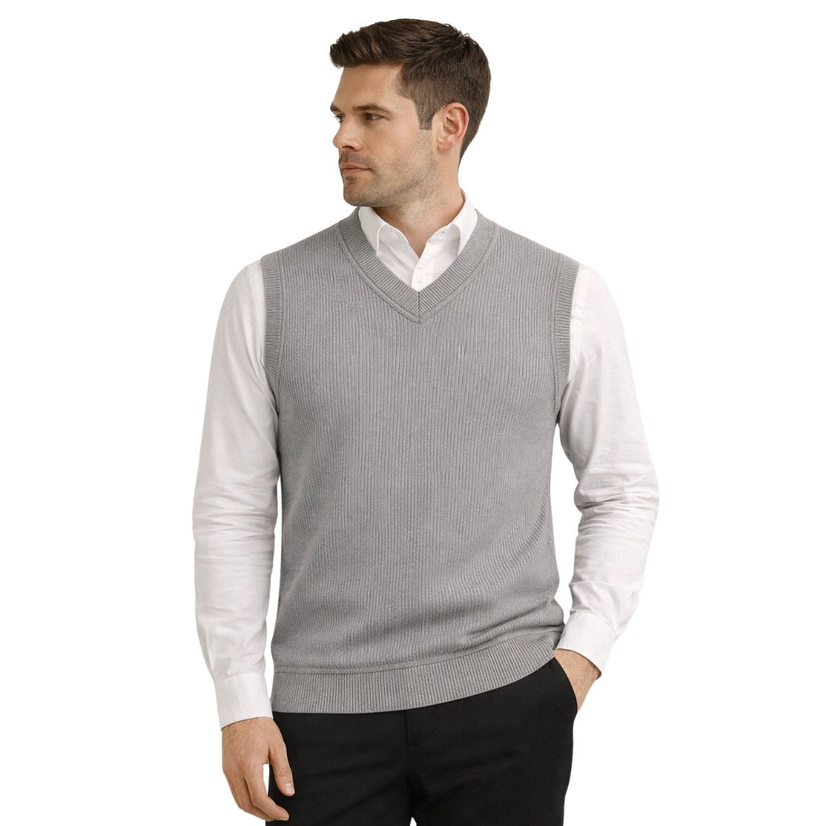 HG Men's Ribbed V-Neck Sleeveless Sweater - Light Gray