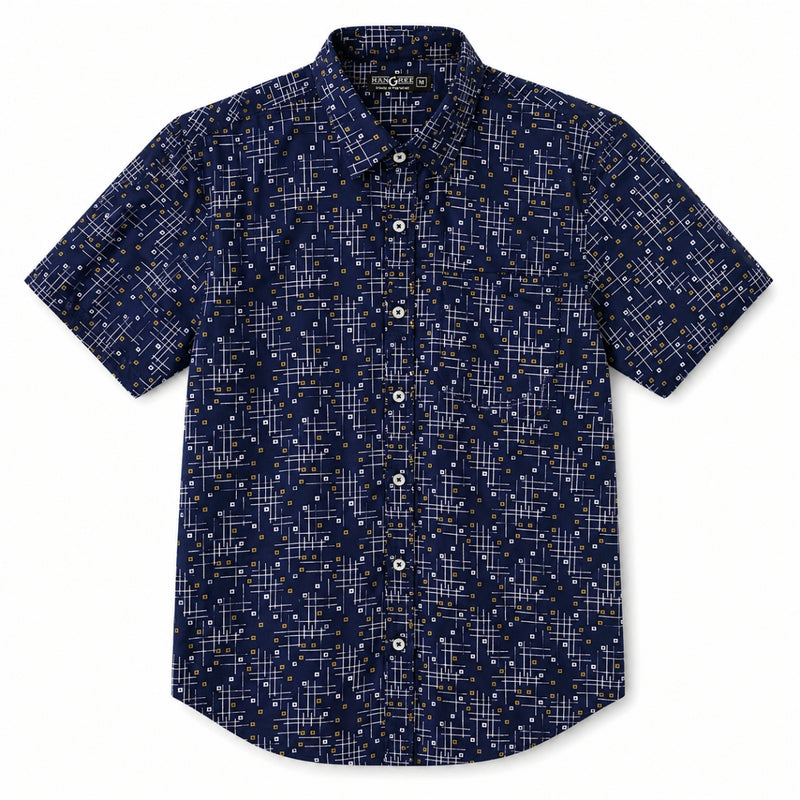Men’s Geometric Pattern Half Sleeve Casual Shirt – Navy
