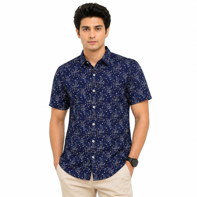 Men’s Geometric Pattern Half Sleeve Casual Shirt – Navy