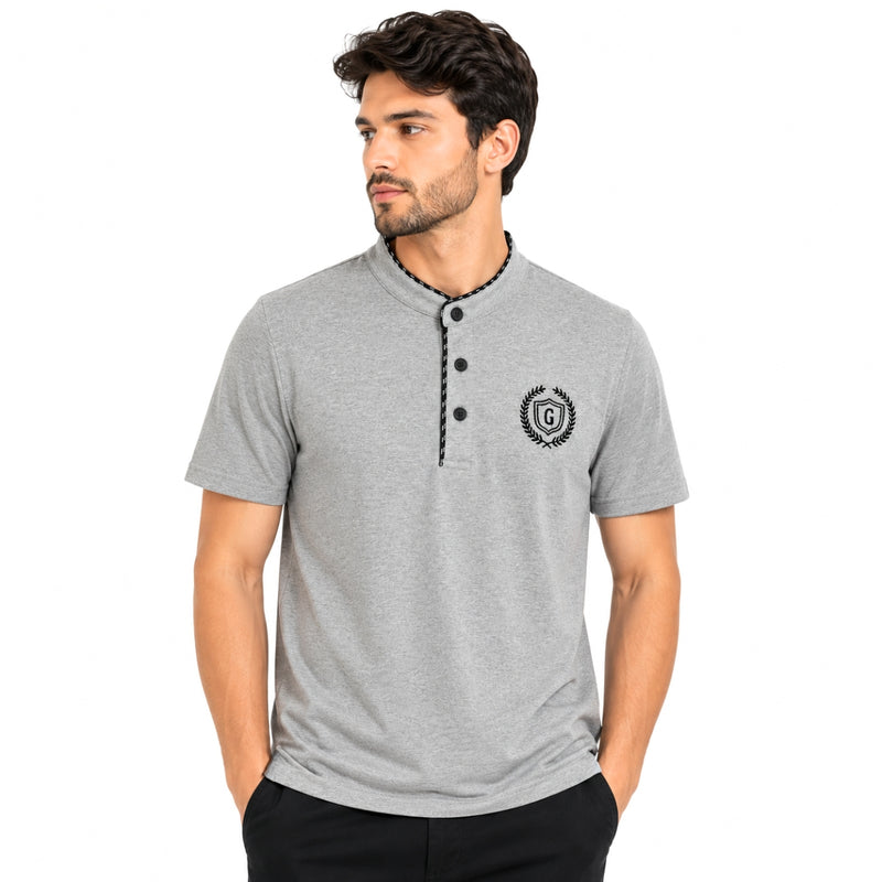 Men’s Signature Emb. Ban Collar Henley Tee Shirt – Light Gray