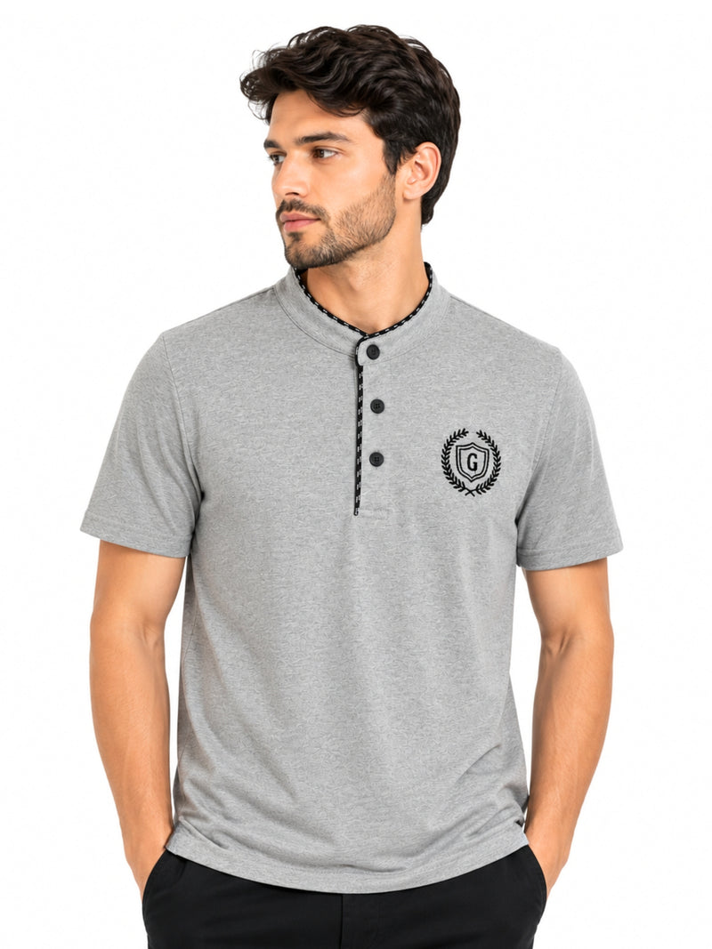 Men’s Signature Emb. Ban Collar Henley Tee Shirt – Light Gray