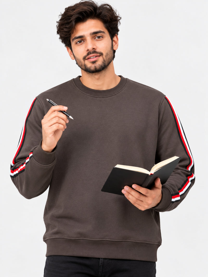 Super Solid Sleeves Fashion Fleece Sweat Shirt - Brown