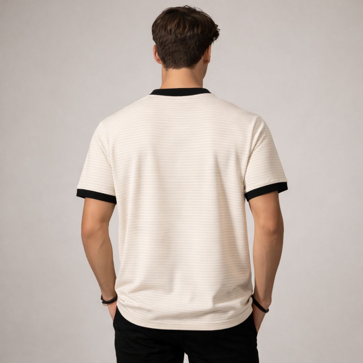 Men’s Crew Neck Striped Half-Zip Tee Shirt – Cream