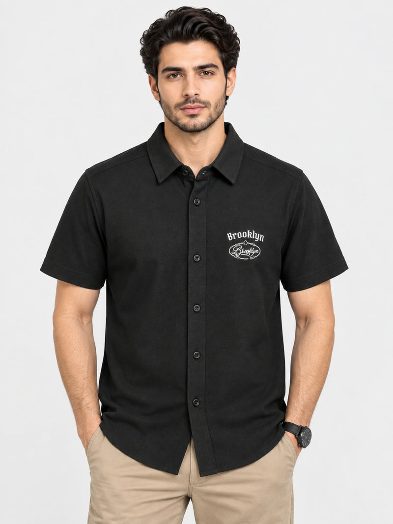 Classy "Brooklyn" Embroidered Soft Cotton Casual Shirt - Black