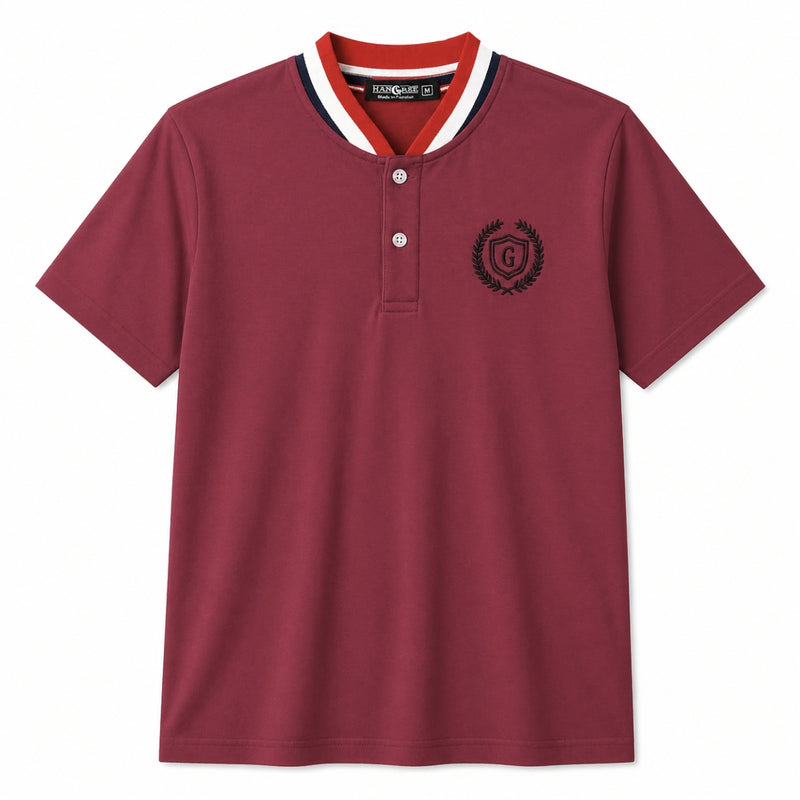 Men’s Signature Embroidered Contrast Neck Henley T-Shirt – Maroon