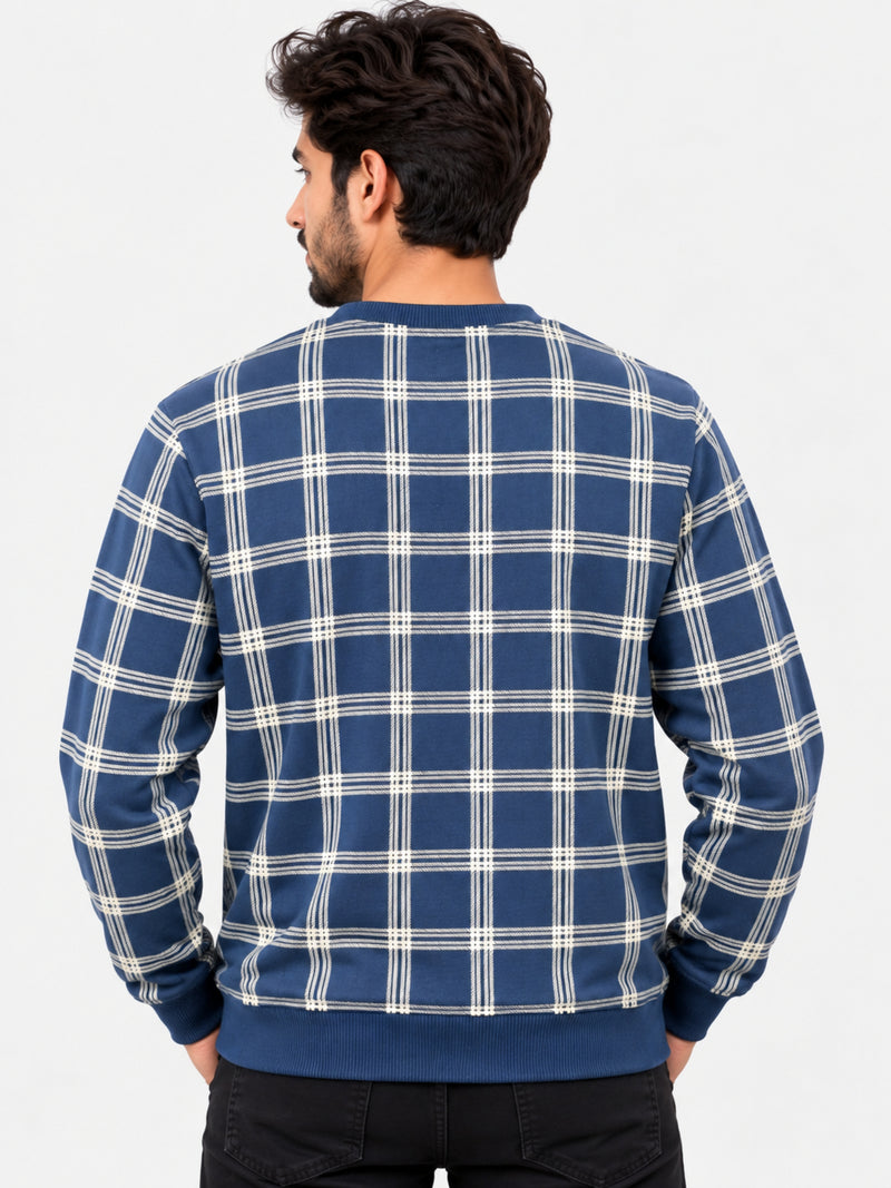 Men Exclusive Check Pattern Fleece Sweat Shirt - Navy