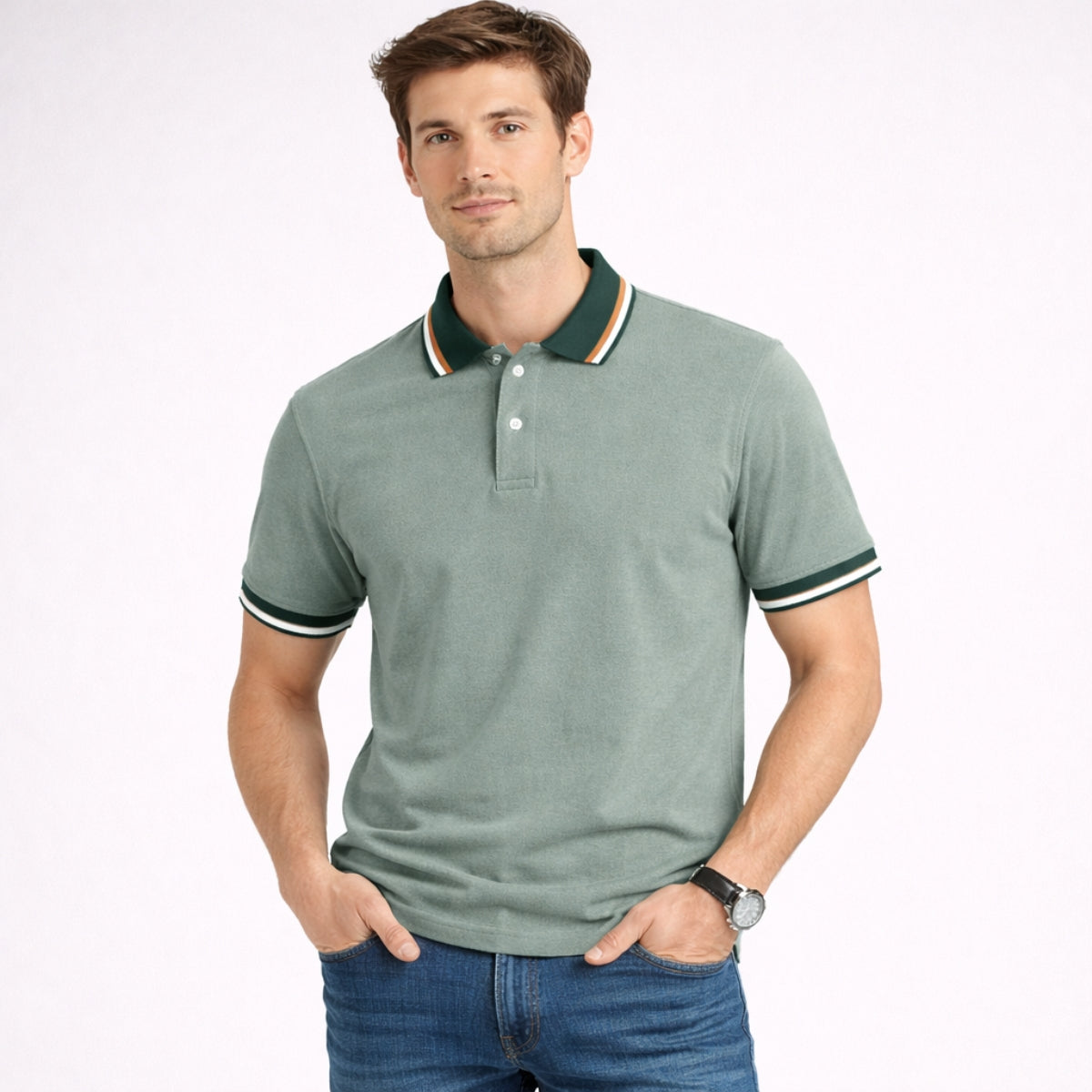 Men’s Premium Contrast Collar Polo Shirt – Spanish Green