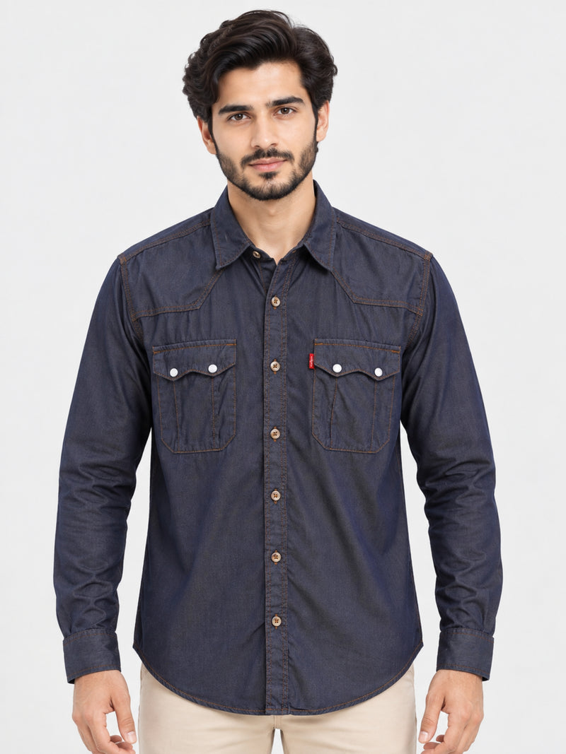 Men's Light Denim Summer Casual Shirt - Navy