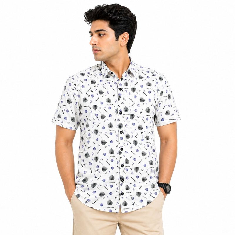 Men’s Leaf & Polka Print Half Sleeve Casual Shirt – White