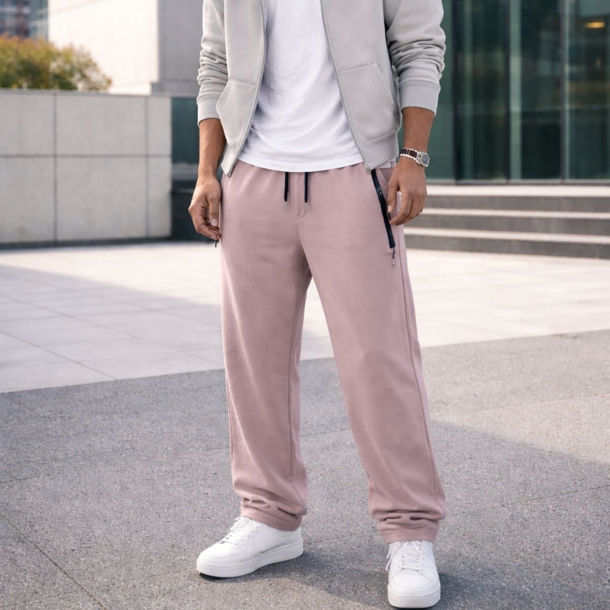 HG Classic Terry Loose Fit Trousers with Zipper Pockets - Grayish Pink