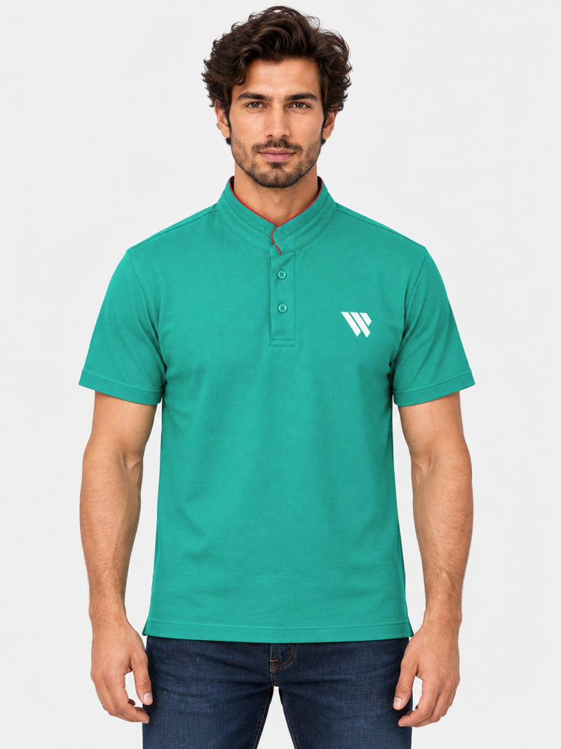West Line Ban Collar Men Polo Shirt - Green