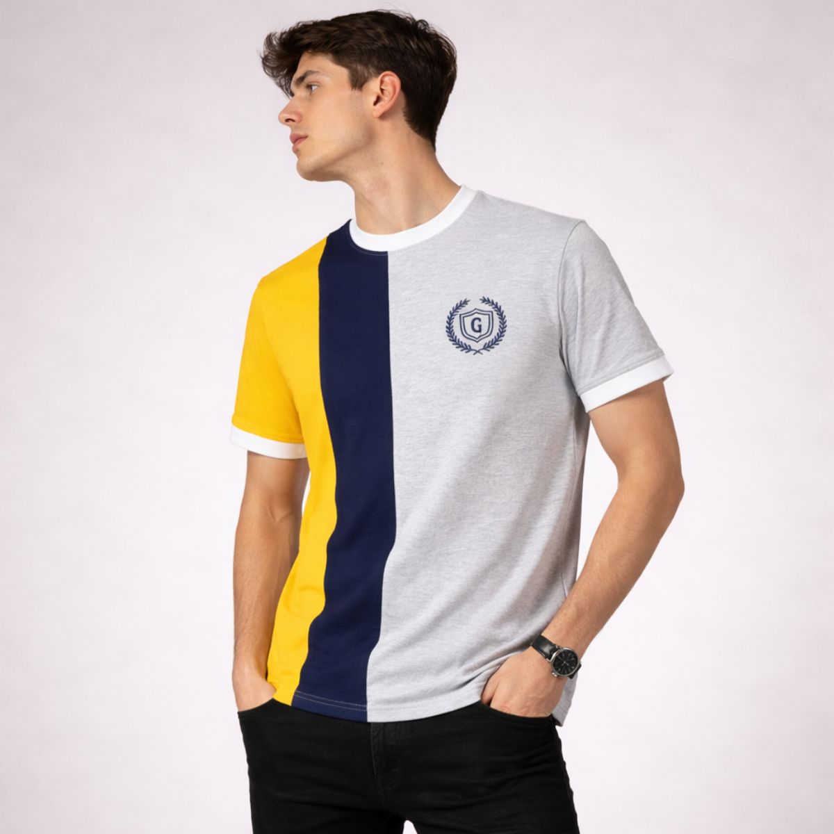 Men's Premium Vertical Panel Tee Shirt - Yellow / Navy / Grey