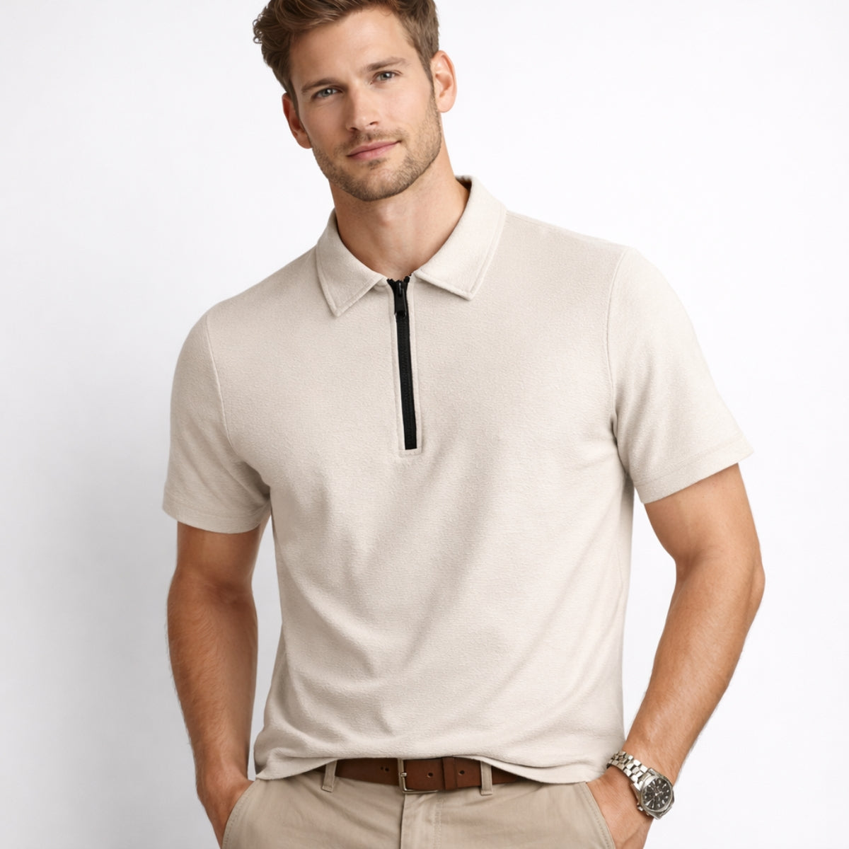 Men’s Premium Textured Half-Zip Polo Shirt – Beige