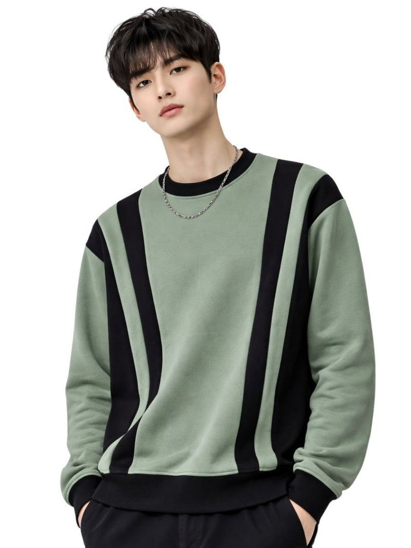 HG Cut & Sew Color-Block Crewneck Terry Sweat Shirt – Sage Green
