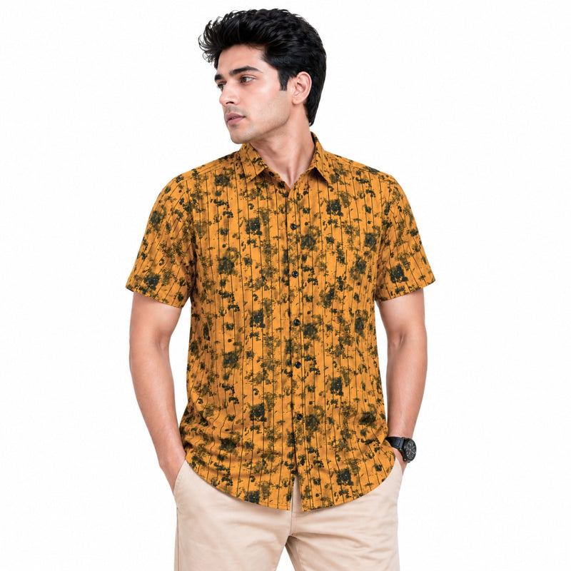 Men’s Abstract Grid Printed Casual Shirt - Mustard