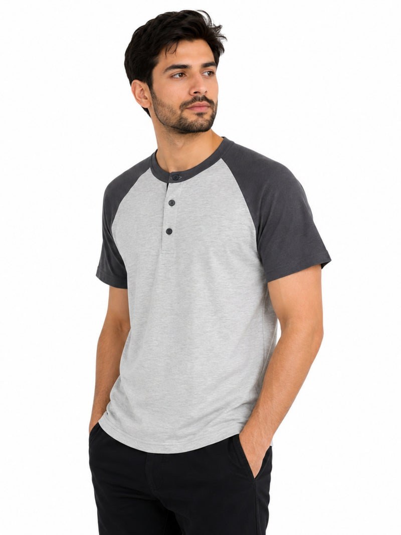 Men’s Casual Comfort Raglan Henley Tee Shirt – Light Gray