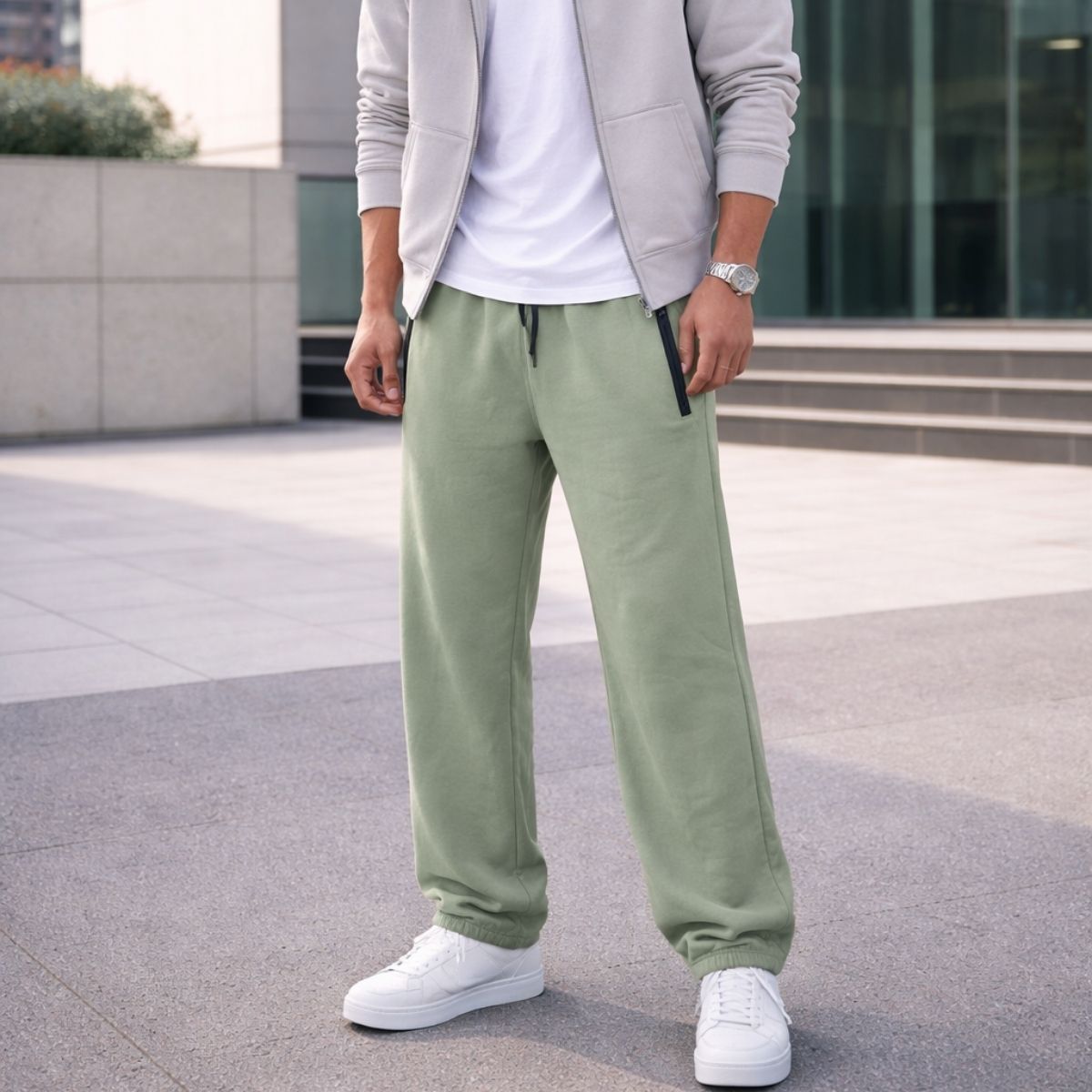 HG Classic Terry Loose Fit Trousers with Zipper Pockets - Greensih Gray
