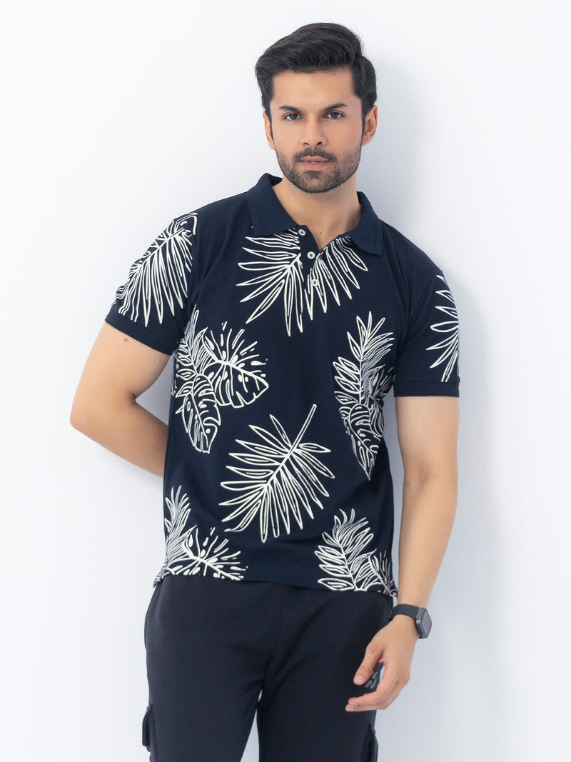 HG All Over Floral Printed Polo Shirt For Men's - Black Navy