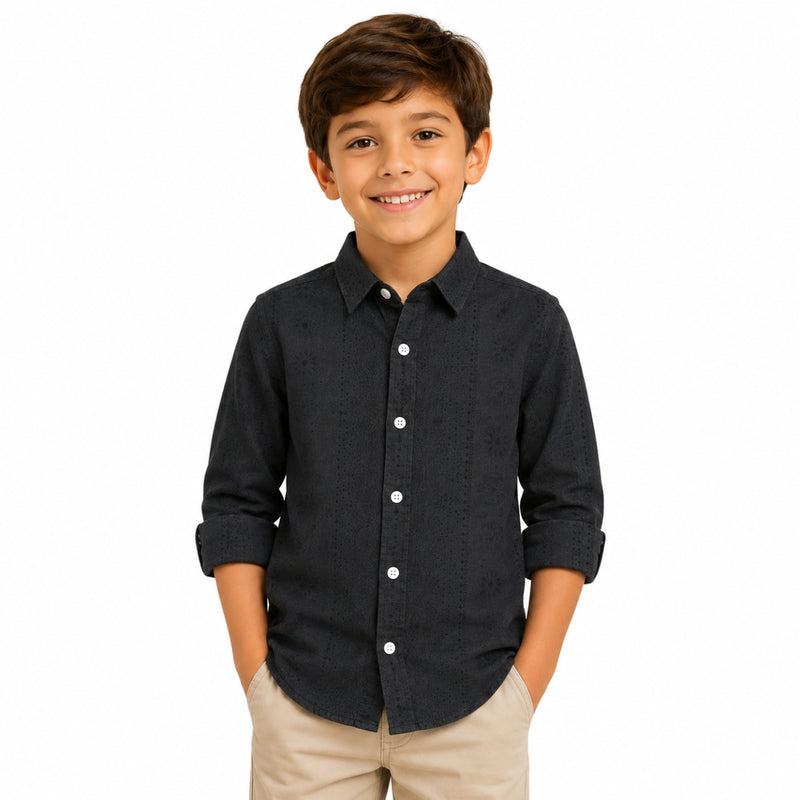 Boy's Elegant Self Printed Full Sleeves Casual Shirt - Black