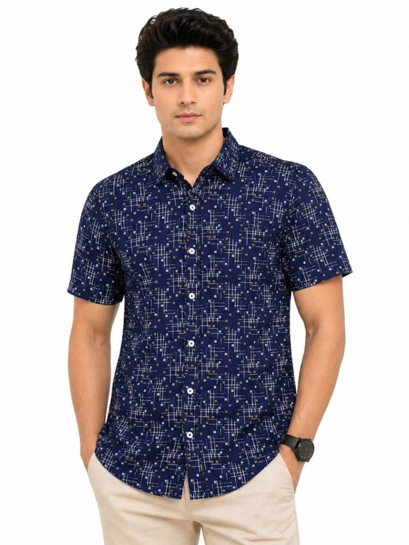 Men’s Geometric Pattern Half Sleeve Casual Shirt – Navy