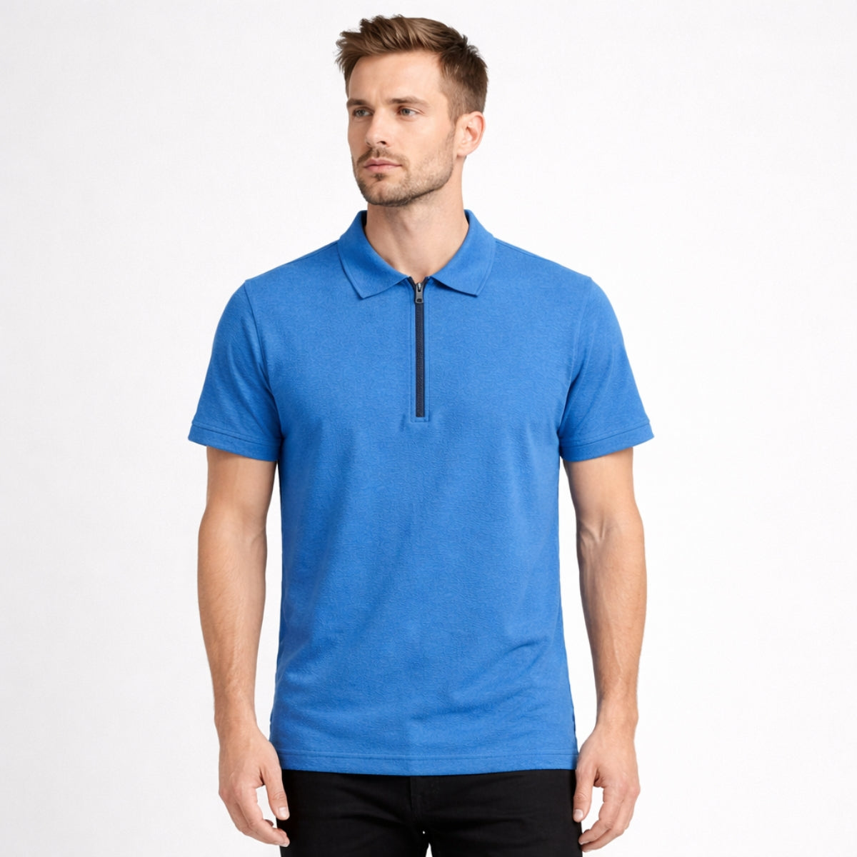 Men’s Premium Textured Half-Zip Polo Shirt – Blue