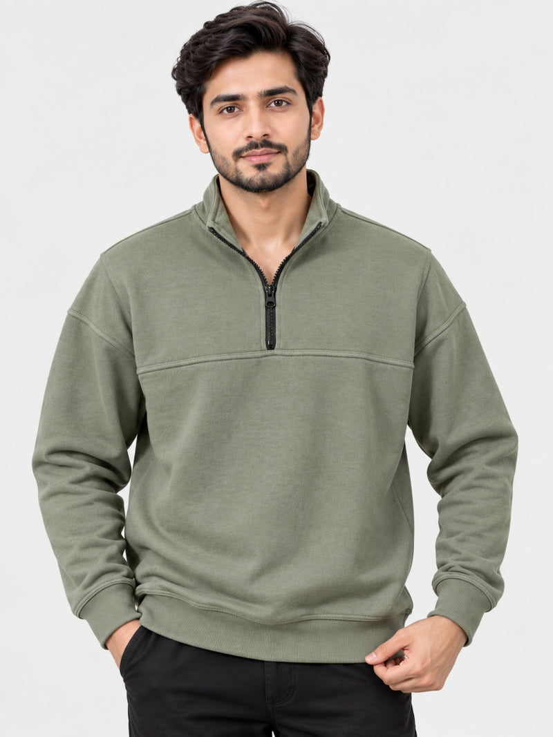Men's Mock Neck Cut & Sew Panel Sweat Shirt - Camo Green