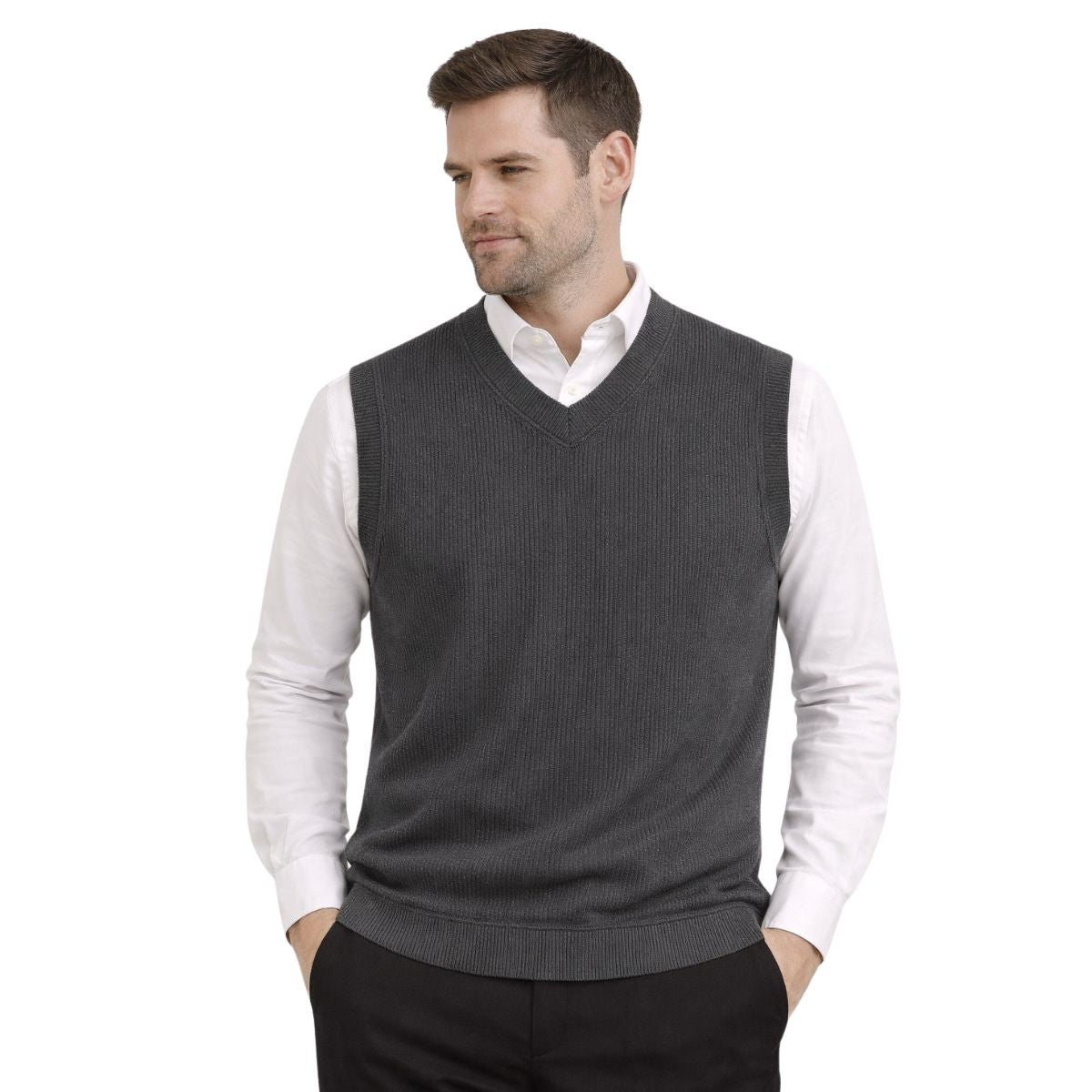 HG Men's Ribbed V-Neck Sleeveless Sweater - Charcoal Gray
