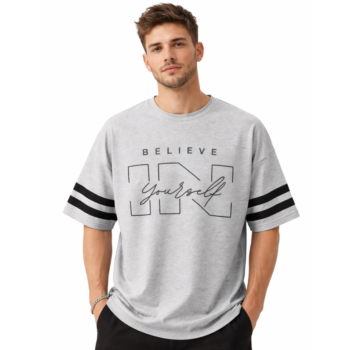 Men's Oversized Graphic Printed Drop Shoulder T-Shirt - Hyder Gray