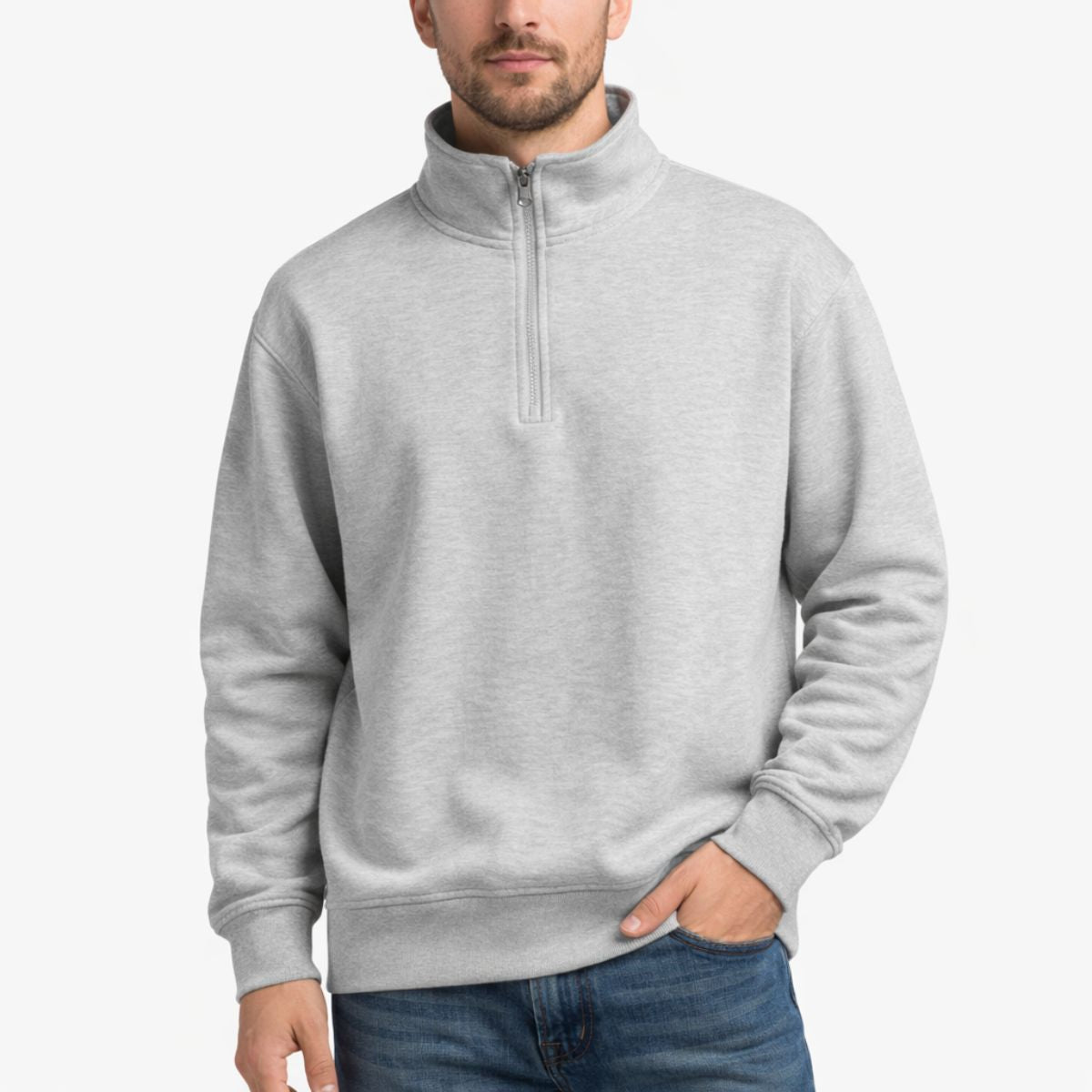 Mens Mock Neck Fleece Zipper Sweat Shirt - Light Gray